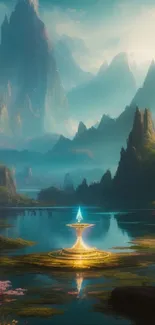 Fantasy mountain landscape with a mystical lake and glowing fountain.