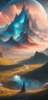 Fantasy mountain landscape with path and vibrant color palette.