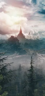 Fantasy mountain landscape with castle peaks under a dramatic sky.