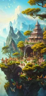 Fantasy mountain retreat with colorful butterflies and mystical temple.