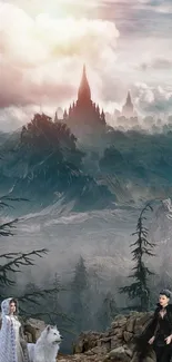 Fantasy mountain landscape with castle and mysterious figures, featuring ethereal clouds.