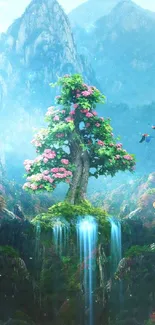 Colorful fantasy tree atop a mountain under a blue sky.