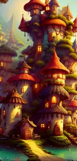 Fantasy mushroom castle with vibrant colors and enchanting design.