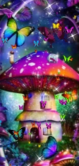 Fantasy mushroom house with butterflies in a vibrant forest setting.