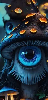 Surreal artistic wallpaper of a mystical mushroom with a blue eyeball