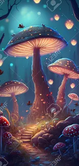 Fantasy mushroom forest wallpaper with glowing lights and dark blue tones.