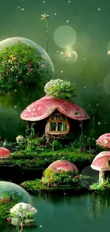 Fantasy forest with mushroom houses and lush greenery.