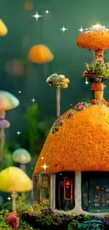 Orange mushroom house amidst a fantasy forest with colorful details.