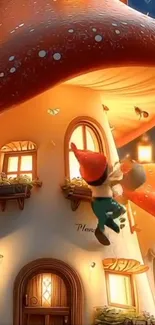 Whimsical mushroom house with gnome art.