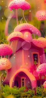 Whimsical mushroom house in vibrant colors.