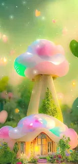 Fantasy mushroom house in lush green landscape with whimsical design.