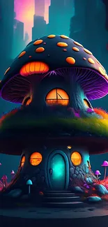 Whimsical mushroom house with glowing windows in a neon fantasy setting.