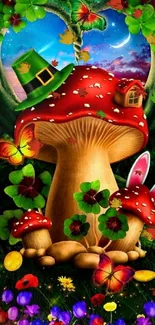 Whimsical fantasy wallpaper with mushrooms.