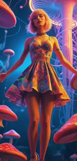 Fantasy girl in colorful dress amidst giant mushrooms.