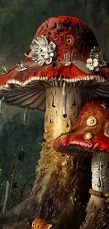 Fantasy art of detailed mushrooms in a surreal design.