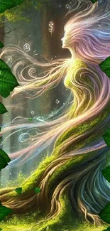 Enchanting forest spirit with flowing hair surrounded by lush green leaves.