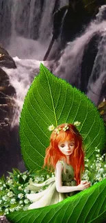 Fantasy scene of a girl on a leaf by a waterfall.