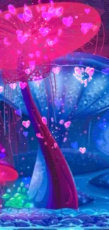 Fantasy scene with neon mushrooms and pink heart shapes on a blue background.