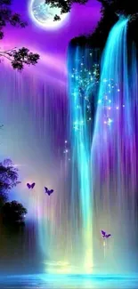 Fantasy night scene with a glowing waterfall under a moonlit sky and butterflies.