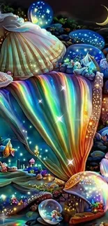 Colorful fantasy nightscape with glowing seashells and crescent moon.