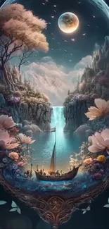 Enchanting fantasy landscape with moonlit sky and lush floral details.