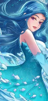 Anime character with blue hair surrounded by ocean elements in a fantasy setting.