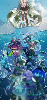 Anime characters floating in vibrant ocean fantasy scene.