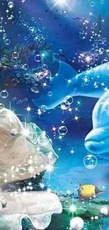 Fantasy ocean wallpaper with dolphins and bubbles.