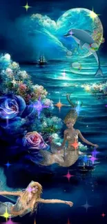 Fantasy ocean scene with mermaids, dolphins, and a glowing moonlit sky.