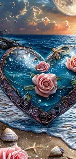 Fantasy heart with roses by the ocean in a dreamy scene.