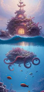 A fantasy ocean house with vibrant marine life and an underwater octopus scene.