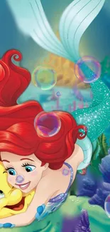 Mermaid with red hair and underwater bubbles scene.