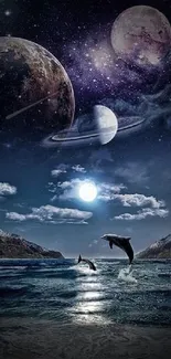 Dolphins leaping in a cosmic ocean with planets in the night sky.