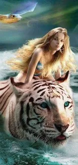 Fantasy wallpaper of woman riding a white tiger through ocean waves.