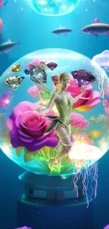 A fairy in a crystal orb with roses and marine life, set in a teal underwater scene.