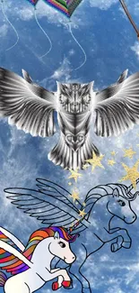 Fantasy owl and unicorns in a starry sky wallpaper.