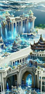 A fantasy palace with blue hues digital art background for mobile display.