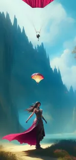 Fantasy scene with paragliders over a scenic valley.