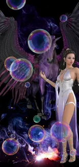 Fantasy artwork featuring a pegasus and sorceress with colorful orbs.