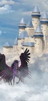 Fantasy pegasus soaring before a dreamy castle backdrop.