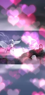 Fantasy Pegasus flying through pink heart-filled sky.