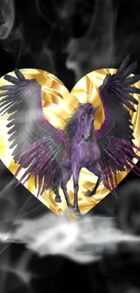 Purple winged pegasus on golden heart background, fantasy mobile wallpaper.