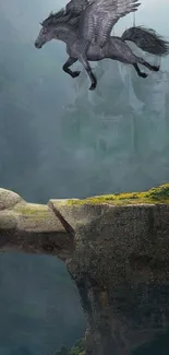 Pegasus flying over a cliff with a mystical castle in the background.