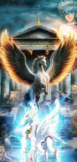 Fantasy Pegasus over ancient temple backdrop.