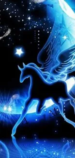 Blue glowing Pegasus with stars in a fantasy scene.