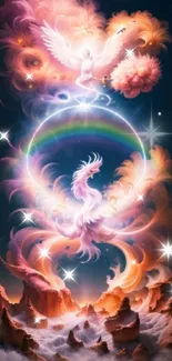 Whimsical phoenix with rainbow swirl in mystical landscape.