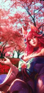 Anime character with pink hair amidst vibrant pink cherry blossoms.