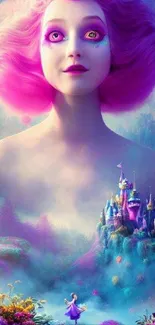 Vibrant pink fairy with whimsical castle in enchanting landscape wallpaper.