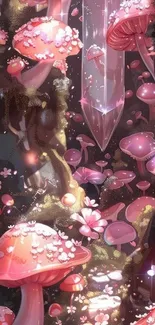 Fantasy wallpaper with pink mushrooms and crystals.