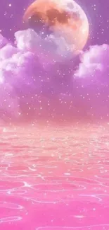 Fantasy pink moon with clouds and pink sea background.